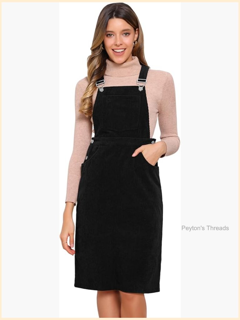 Corduroy Midi Overall Dress Square Neck Adjustable Straps Pockets Pinafore